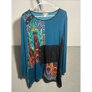 Mirror Image Women's L Teal Multi-Color Asymmetrical Hem Patchwork Tunic Top